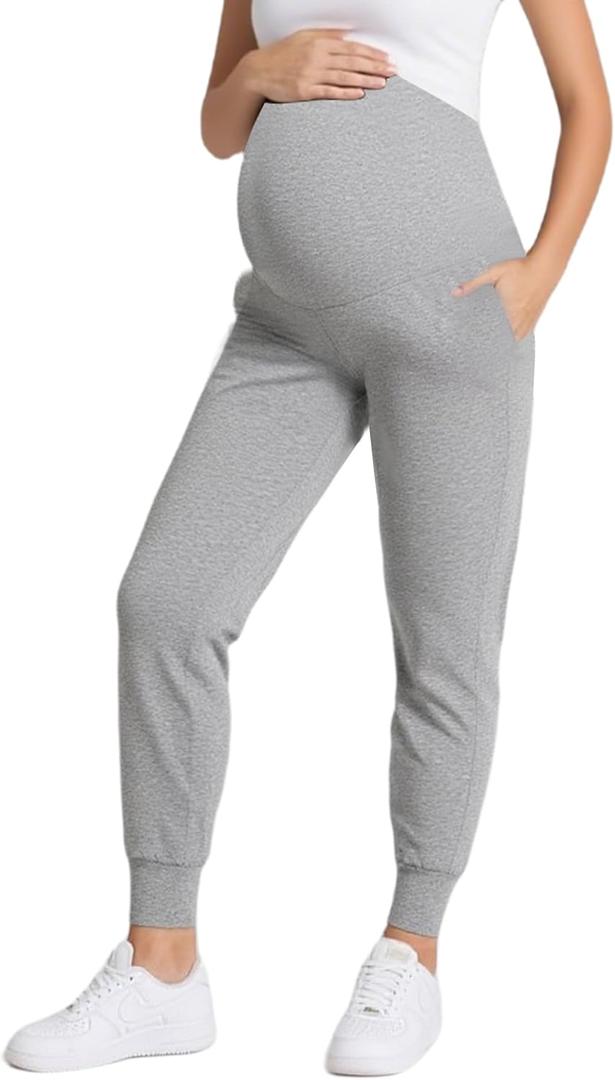 Peauty Women's Maternity Pants with Pockets,Over The Belly Stretchy Maternity Activewear Jogger Track Cuff Pregnancy Pants (Gray, S)