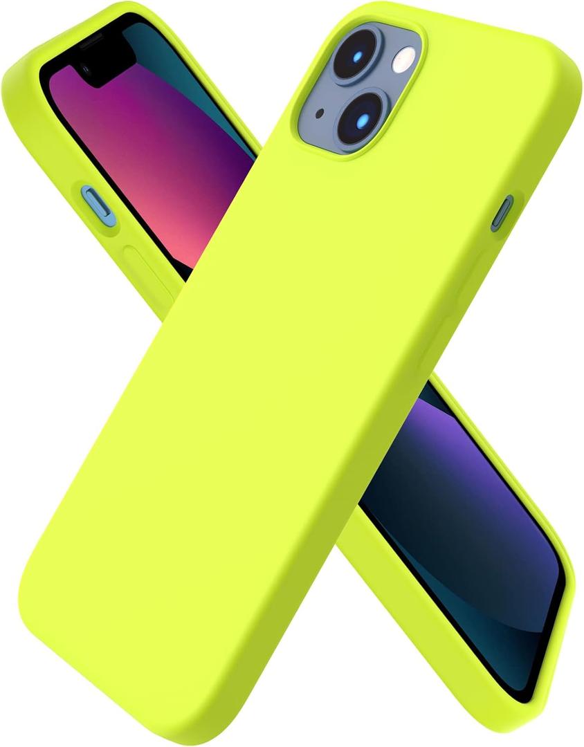 ORNARTO Compatible with iPhone 13 Case 6.1, Slim Liquid Silicone 3 Layers Full Covered Soft Gel Rubber Phone Case Protective Cover 6.1 Inch-Fluorescent Yellow
