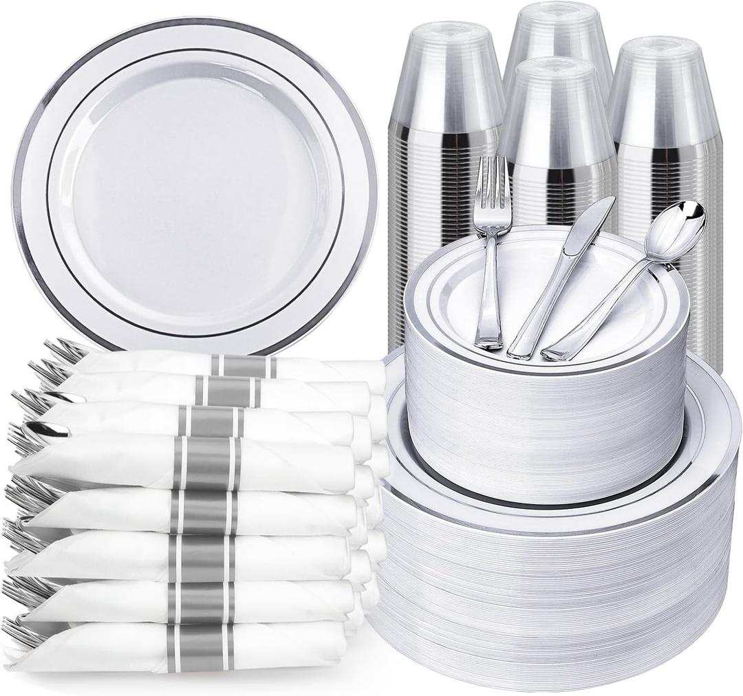 BESTVIP 700PCS Silver Plastic Dinnerware Set for 100 Guests, Disposable Plates for Party, Include: 200 Plastic Plates, 100 Pre Rolled Napkins with Silver Silverware, 100 Cups for Christmas, Halloween
