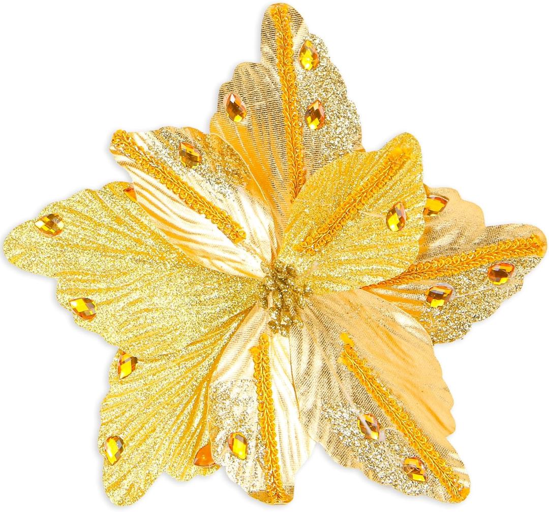 6 Pcs Vintage Gold Christmas Tree Decorations, 9" Large Christmas Flowers with Gem Glitter, Artificial Magnolia Poinsettia Flowers for Tree Wreath Garland Swag Vase Pot, Xmas Ornaments Decor Set (Glod)