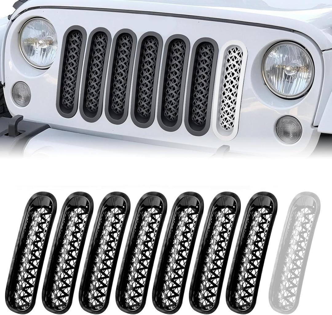 Grill Inserts Black, Front Mesh Grille Cover Compatible with 2007-2018 Jeep JK Wrangler & Unlimited Wrangler Accessories, Car Grill Mesh (7PCS Black + 1PCS White)