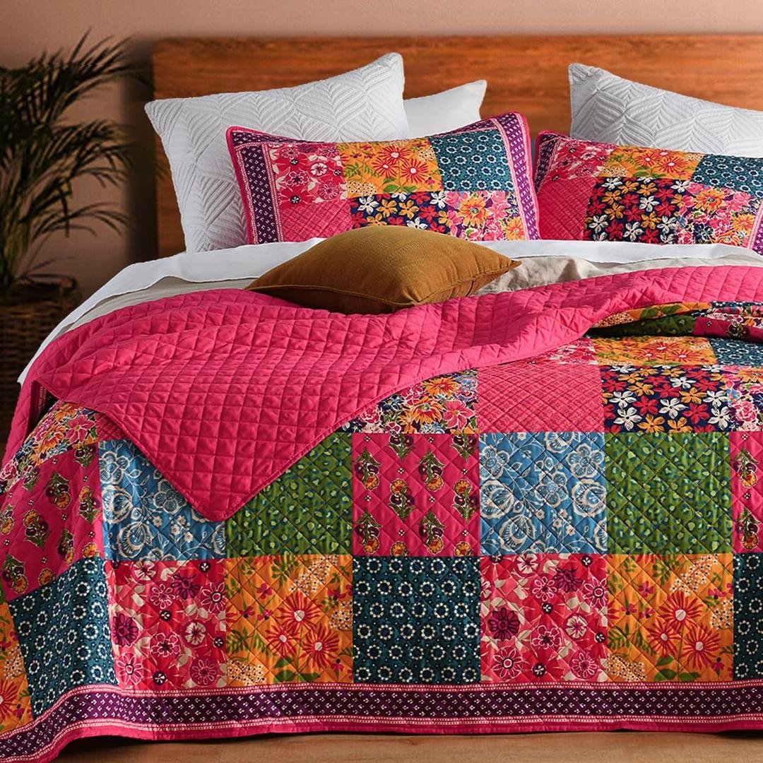 King Quilt Set for Bed - 100% Cotton Quilts Patchwork Comforter Coverlet Bedspread Reversible 90"x104" with 2 Pillow Shams