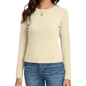 Dwnval Women's Fall Long Sleeve Crewneck T Shirt Basic Slim Fitted Knit Going Out Tops (Beige, M)