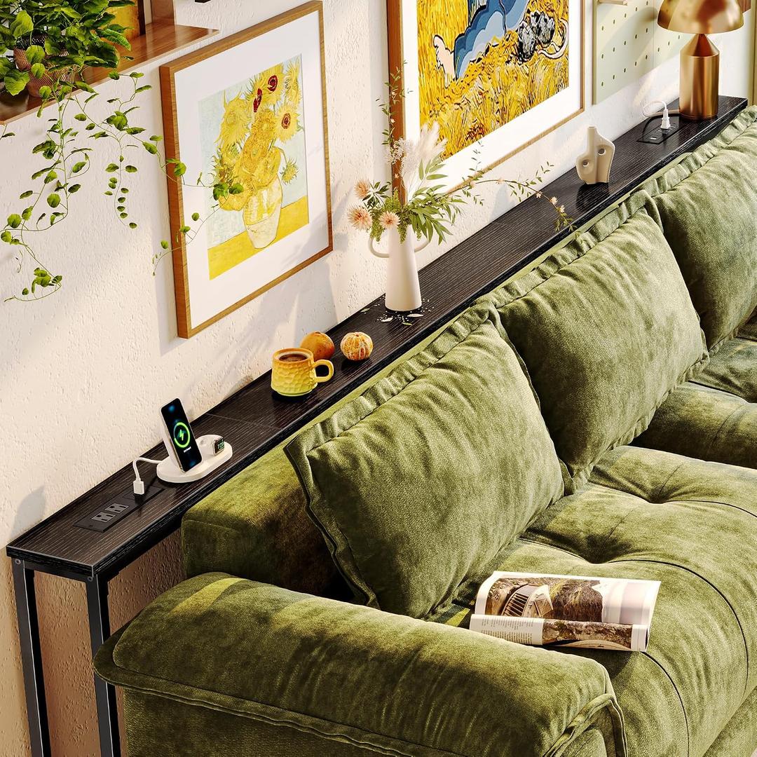 Huuger 110.2 Inch Behind Couch Table with 2 Power Outlets and USB-C Ports, Extra Long Narrow Sofa Table for Sectional Sofa, Skinny Console Table with Anti-Bump Pads, for Living Room, Black