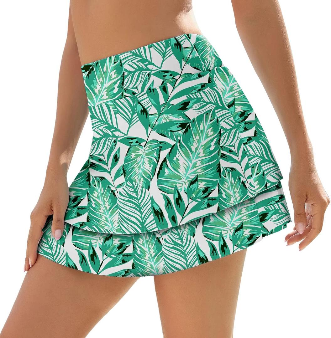 WOWENY Swim Skirt for Women 2 Layered Ruffled Flowy Floral High Waisted Swimsuit Built-in Swim Bikini Bottoms (Green, XL)