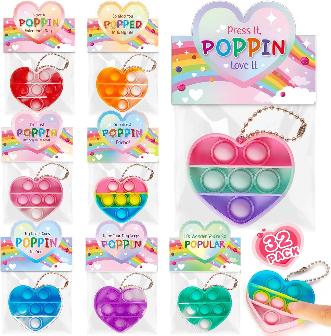 Valentines Day Cards for Kids School, 32 Pack Heart Shape Pop Fidget Toys with 8 Designs Valentines Cards, Ideal Exchange Prizes & Party Favors for Boys & Girls Classroom