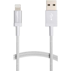 Amazon Basics USB-A to Lightning Charger Cable, MFi Certified, Nylon Braided Cord, Fast Charging for Apple iPhone 14 13 12 11 X Xs Pro, Pro Max, Plus, iPad, 6 Foot, Silver