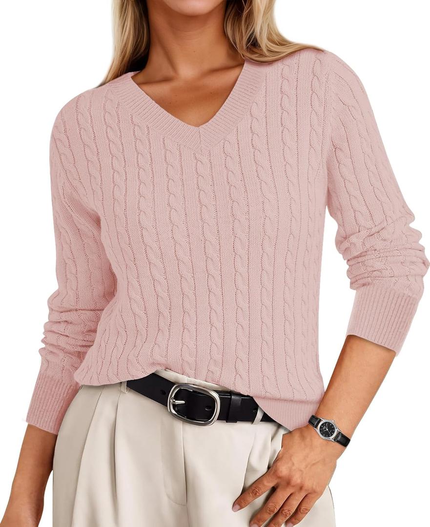 Cable Knit Sweater Women V Neck Tops for Women Long Sleeve Pullover Clothes Casual Trendy Outfits (X-Large, Pink)