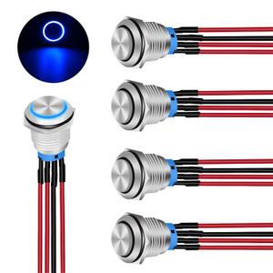 Nilight 5Pcs 16mm 12V Blue Latching Push Button Switch Heavy Duty Metal with 8inch Wiring Harness and Led Indicator Light 24V Pre Wired SPDT Self Locking 4 Pin Marine for Boats Cars Truck