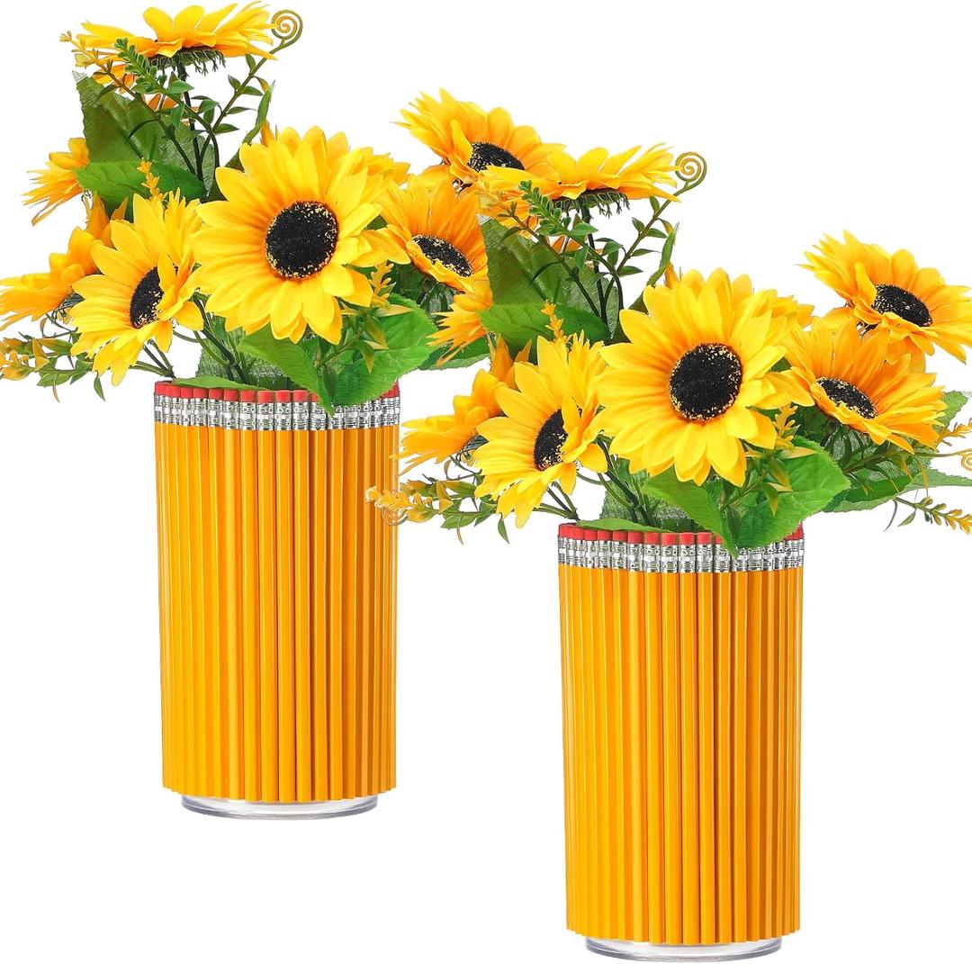 2 Set Back to School Gifts Pencil Shaped Vase Assembly Required DIY Acrylic Flower Vase 90 Pencils 2 Sheets Adhesive Table Centerpiece for Teacher Appreciation, First Day, School Home(Yellow)