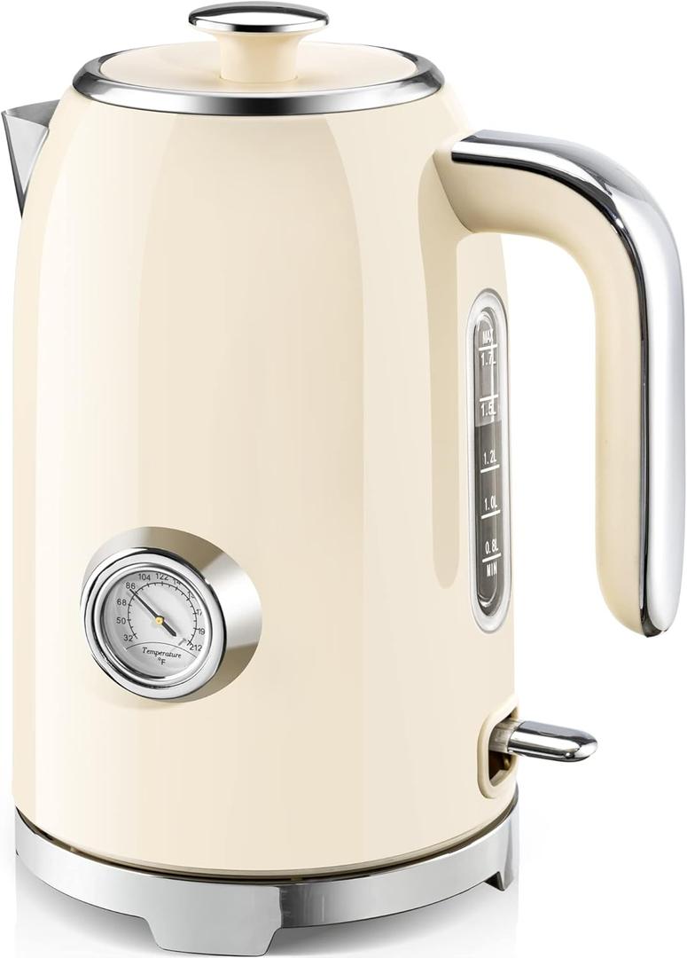 SUSTEAS Electric Kettle  57oz Hot Tea Kettle Water Boiler with Thermometer, 1500W Fast Heating Stainless Steel Tea Pot, Cordless with LED Indicator, Auto ShutOff & Boil Dry Protection, Beige