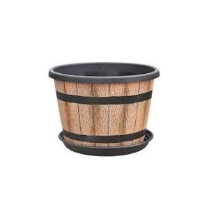 Plant Pots,Whiskey Barrel Planters with Drainage Holes & Saucer, Plastic Decoration Flower Pots Imitation Wine Barrel Design, for Indoor & Outdoor Garden Home Plants (Brown, 8-inch) 