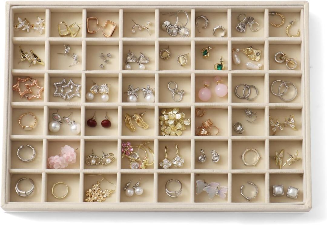 KATISYIO Large Jewelry Organizer for Drawer Insert Velvet Stackable Jewelry Trays for Earring Necklace Bracelet Ring Display (Beige, 48 Grids)