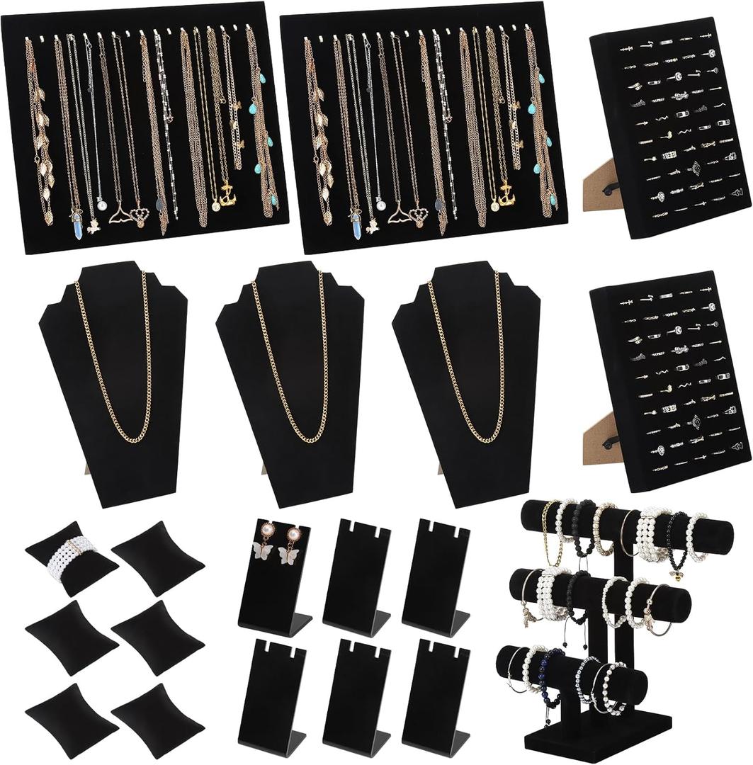 20 Pcs Black Velvet Jewelry Display Sets, Necklace Bracelet Holder Jewelry Bust Holder Stand Ring Display Stand for Selling Craft Showcase Organizer