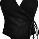 SHENHE Women's Halter Neck Denim Wrap Top Side Tie Backless Vintage Jean Top Shirt (Large, Black)