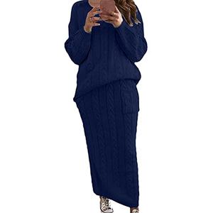 CHARTOU Women's Winter Chunky Cable Knit Long Skirt 2 Piece Outfit Sweater Sets (Small, Navy)
