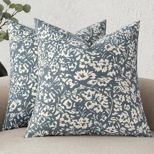 MIULEE Floral Pillow Covers Decorative Throw Pillow Covers 18x18 Pack of 2 Modern Linen Cushion Covers Farmhouse Neutral Pillow Covers for Living Room Sofa Bed, Blue
