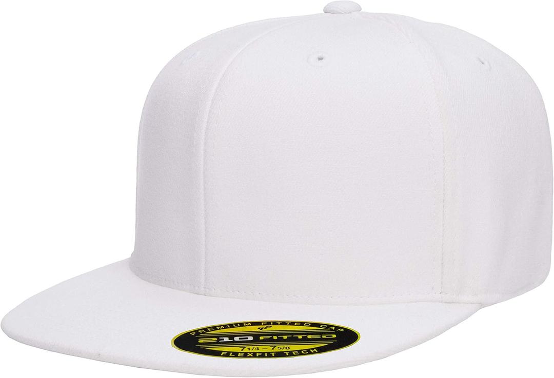 Flexfit Mens 210 Fitted Flat Bill Cap Hat (Small-Medium, White)