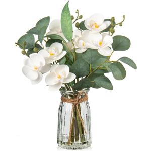 White Orchids Artificial Flowers with Vase Fake Flowers in Vase Artificial Eucalyptus Stems in Glass Vases with Faux Water Faux Orchid with Eucalyptus Leaves Arrangement for Dining Table Centerpiece