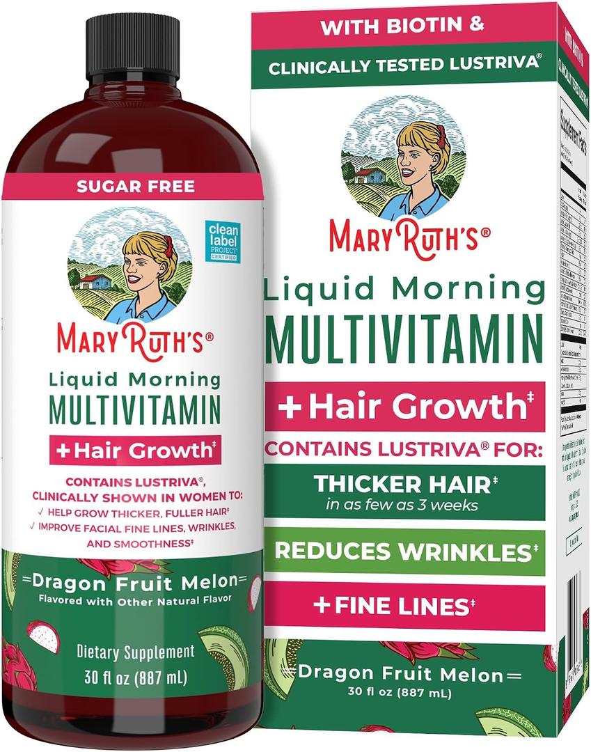 MARYRUTH'S Liquid Multivitamin + Hair Growth | Clinically Tested in Women for Thicker Hair & Facial Wrinkles | Biotin 10000mcg | Lustriva Hair Growth Supplements | Skin Care | Ages 18+ | 30 Fl Oz, Expiry: 07/2027