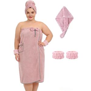 Defresit Plus Size Women's Towel Wrap (XXL-XXXXL) with Hair Towel Wristbands Lightweight Shower Wrap Spa Bathrobe Body Wrap Adjustable Quick-Dry Comfortable Bath Towel Set Machine Washable Blush Pink