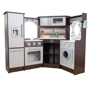 KidKraft Ultimate Corner Wooden Play Kitchen with Lights & Sounds, Play Phone and Curtains, Espresso, Gift for Ages 3+