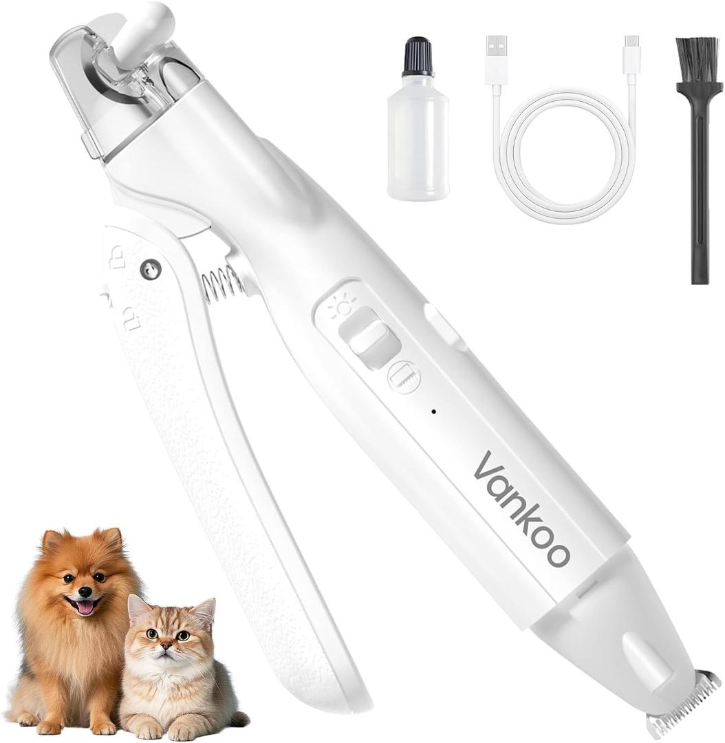Vankoo 2 in 1 Dog & Cat Nail Clippers & Trimmers with LED Lights, Splash Guard - Pet Hair Trimmer for Around Paws, Ear, Eye,Face, Rump Rechargeable & IPX7 Waterproof Grooming Supplies for Dog, Cat (White)