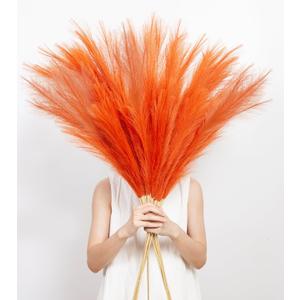 9 Pcs 45" Tall Pampas Grass Orange Decor, Long Stem Artificial Flower Floor Vase Large Faux Floral Pompas Fake Plants Dried Bouquet Arrangement Vase Filler for Boho Home Wedding Decoration