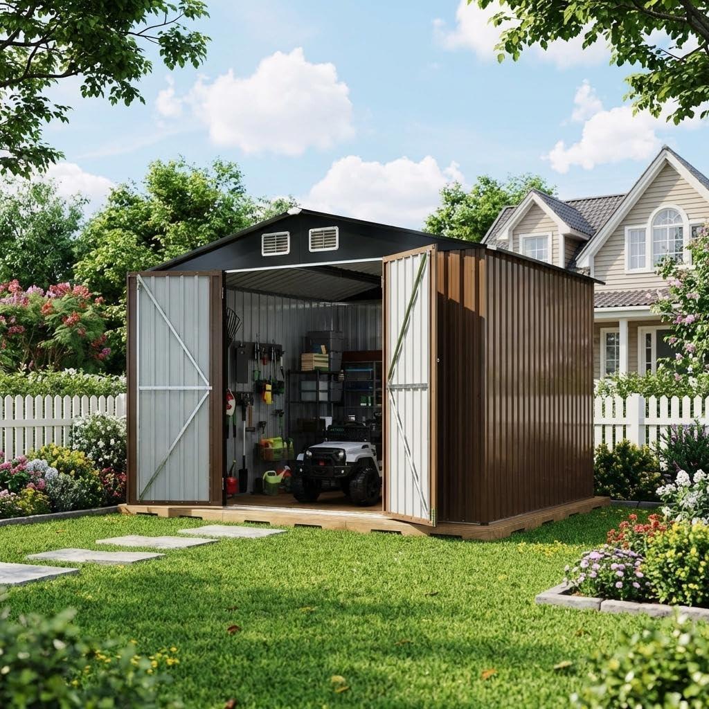 Metal Storage Shed, 8x10 ft Metal Outdoor Storage Shed, with Doors & Lockable Windows, Large Ventilation Openings, Sturdy Design, Easy Assembly - Durable, Outdoor Sheds for Garden,Garage