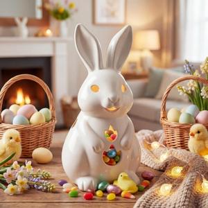 Easter Bunny Figurines 11 Inch Light up Easter Bunny Decorations White Resin Rabbit Figurines for Spring Indoor Rustic Decor Home Table Room Kitchen(Flame Style)