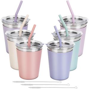 Kids Straw Cups, 6 Pack 12oz Sippy Cup With Silicone Sleeve Spill Proof, Stainless Steel Cups with Lids and Straws for Kids Girls Boys and Adults (Blue/Lilac/Mint/Pink/Beige/Peach)