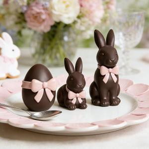 DN DECONATION Easter Decorations Bunny & Egg Figurines Set with Bow, Rabbit Egg Statues for Brown Easter Spring Decor & Farmhouse Home Decor, Resin Tabletop Sculptures for Shelf Mantel Coffee Table (Brown and Pink)