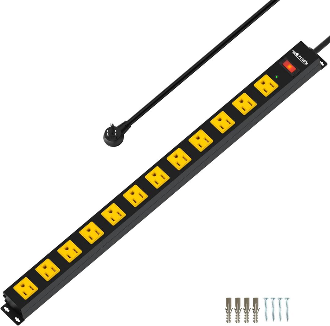 12 Outlet Long Power Strip, 2100 Joules Surge Protector, 6FT Power Cord, Wide Spaced Outlet Power Bar, Overload Protection Switch, Industrial Heavy Duty for Work Bench, Shop, Garage