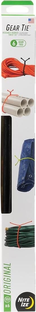 Nite Ize Original Gear Tie, Reusable Rubber Twist Tie, 32-Inch, Black, 6 Count Pro Pack, Made in the USA