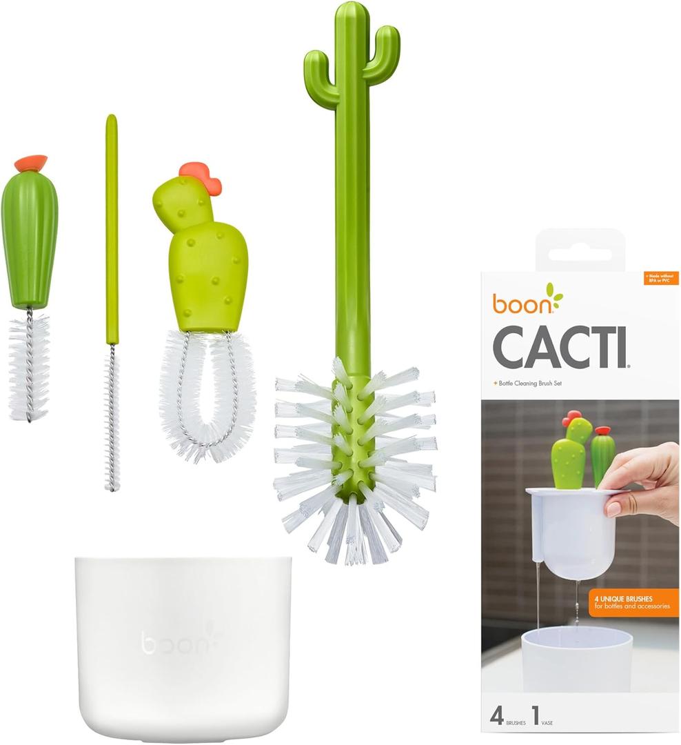 Boon Cacti Bottle Cleaning Brush Set - Includes Bottle Brush, Nipple Brush, Detail Brush, and Straw Brush - Baby Bottle Brush Set for Bottle Drying Rack - Baby Essentials - 4 Count | 4-Piece Set, Bottle Brush, Straw Brush, Nipple Brush, Detail Brush, Durable Nylon Bristles, Draining Storage Vase