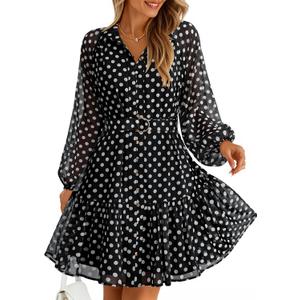 ZESICA Womens Spring Summer Floral Mini Dress Long Sleeve Button Chiffon A Line Swing Short Wedding Guest Party Dresses (Black, S)