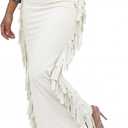 LYANER Women's Skirt Fringe Side Tassel Elastic Waist Slim Bodycon Long Maxi Pencil Skirts for Club (White)