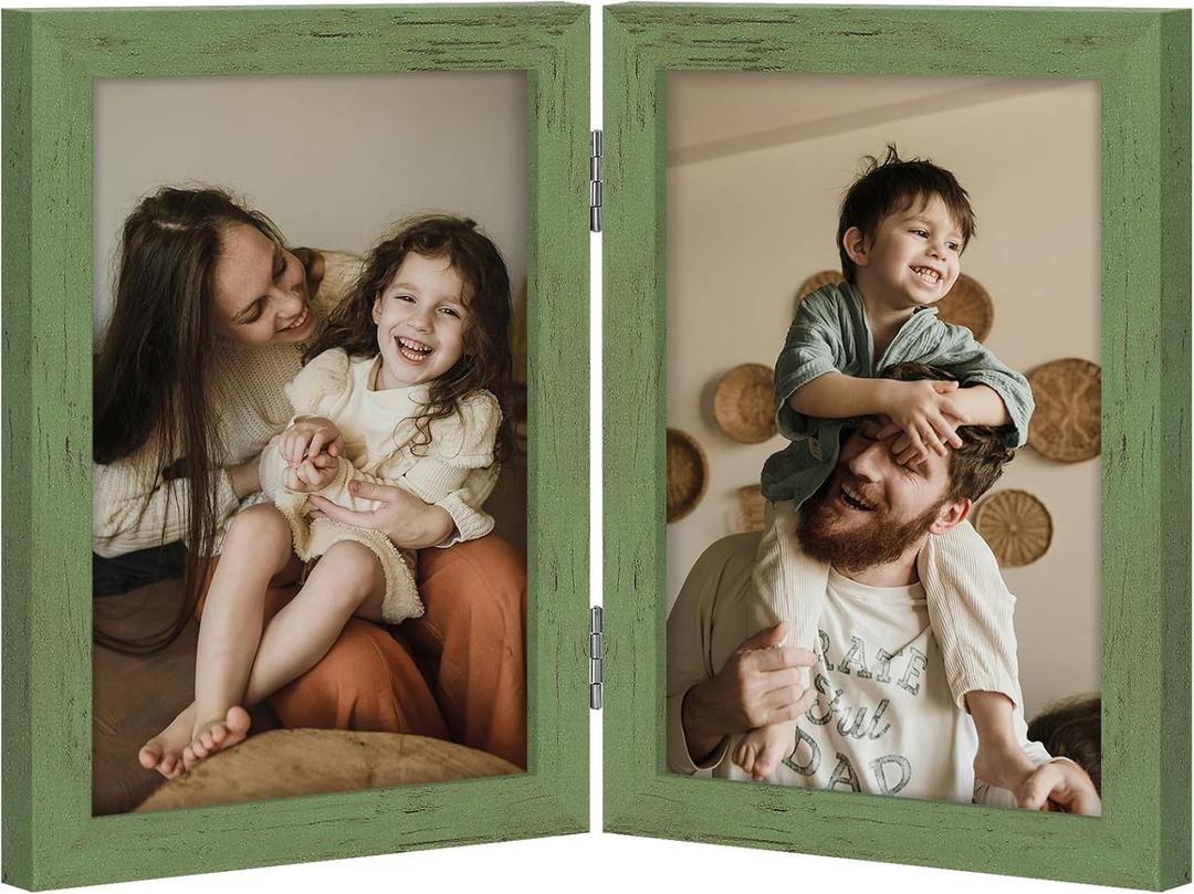 decorUhome Double 5x7 Picture Frame Vertical, Engineered Wood Bifold Photo Frame with Plexiglass for Tabletop Display, 5x7, Rustic Green