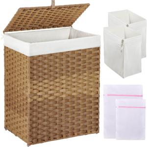 GREENSTELL Laundry Hamper with Lid, 90L Clothes Hamper with 2 Removable Liner Bags & 2 Mesh Laundry Bags, Handwoven Synthetic Rattan Laundry Basket for Clothes, Toys in Bathroom, Bedroom Natural (90L (18.1 x 13.0 x 23.6 inches))
