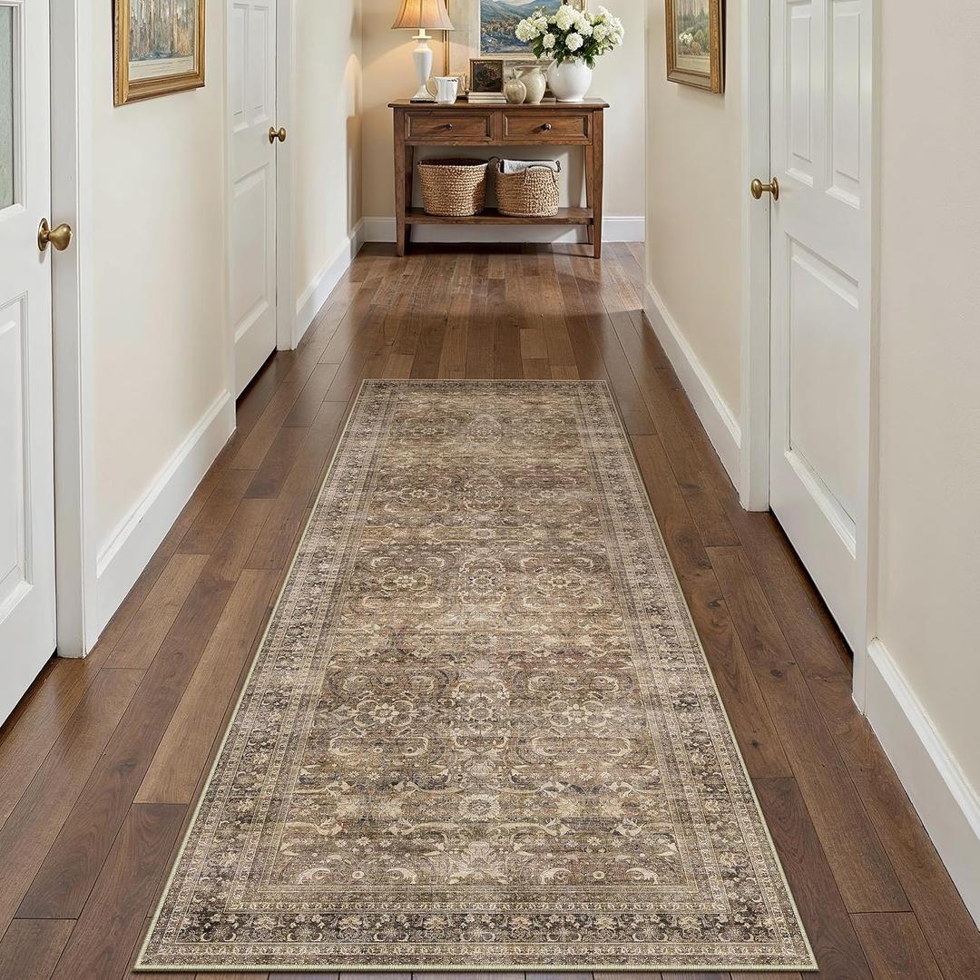 HUGEAR 2x6 Runner Rug Hallway Vintage Brown Machine Washable Retro Floral Low Pile Carpet Vacuumable Distressed Long Throw Rug Bedroom Office Bathroom Kitchen Laundry Non Slip Soft Lightweight
