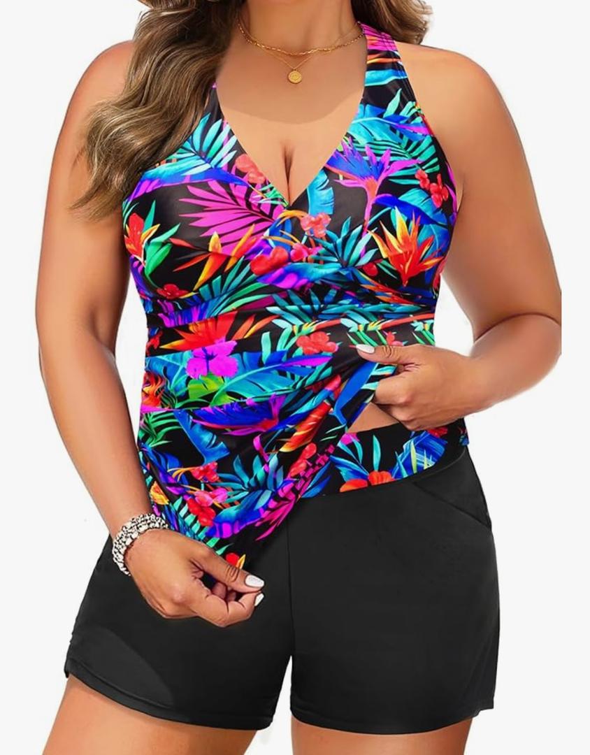 Daci Plus Size Tankini Swimsuit for Women - Two Piece Tummy Control Bathing Suit Tankini Top with Two Pockets Shorts, 18W