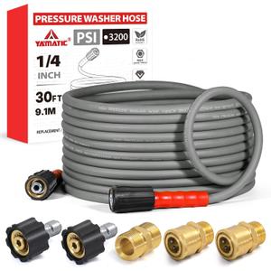 YAMATIC Flexible Pressure Washer Hose 30 FT 1/4", M22-14mm Females
With 3/8" Quick-Connect Adapters, 3200 PSI Kink-Resistant, Replacement/Extension Hose For Power Washing, Grey