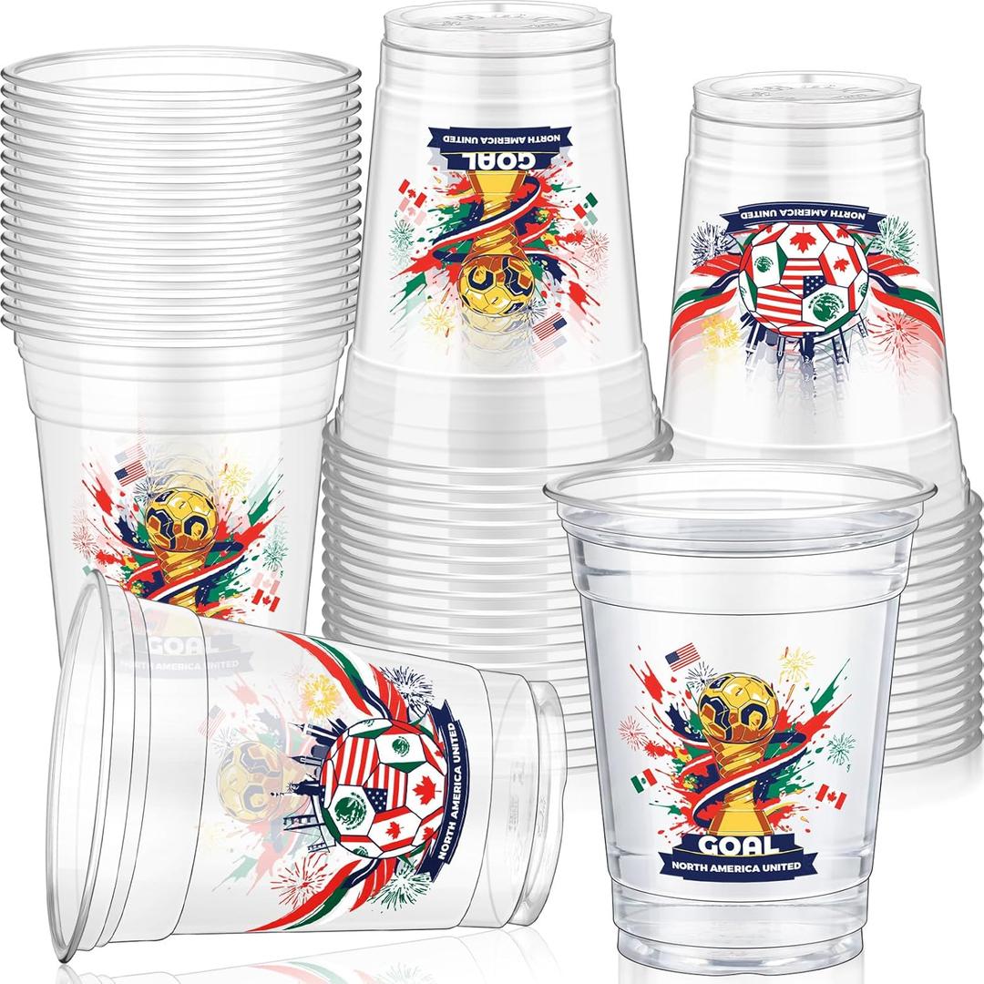 Jingmore 50 Pcs Soccer Plastic Cups 12 oz International Countries Soccer Disposable Plastic Cups Thick Clear Drinkware for Sports Games Party Supplies (Goal Trophy), approx. 12 oz (EXP 08/29/29)