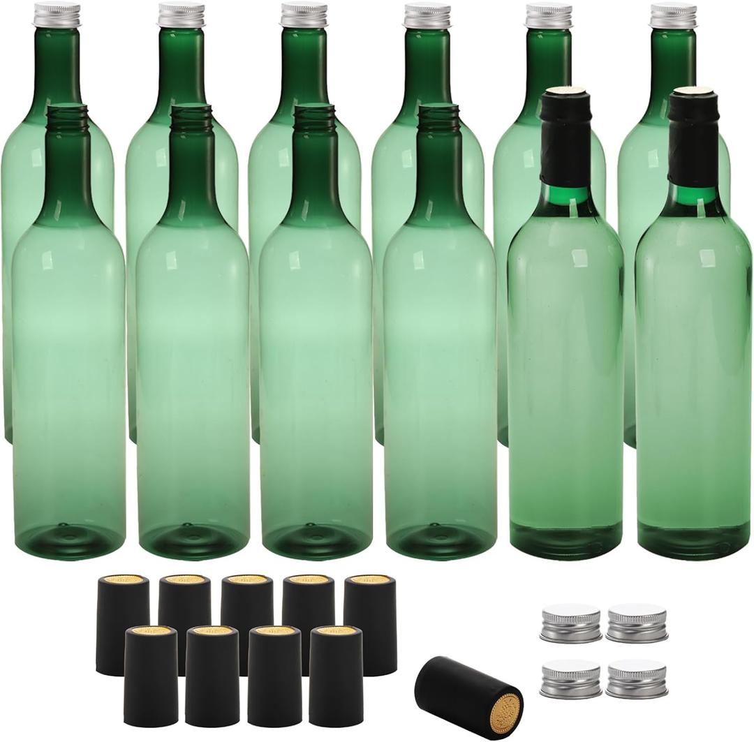 WUWEOT 12 Pack Plastic Wine Bottles, 750ml Empty Bordeaux-Style Liquor Bottle, Green Long Neck WIne Bottles with Screw Lid and Shrink Capsules Caps
