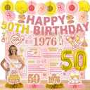 24 Pcs 50th Birthday Decorations for Women, Back in 1976 Party Supplies, Pink Gold 50th Birthday Banner Backdrop Hanging Swirls Balloons Honeycomb Centerpieces Sash