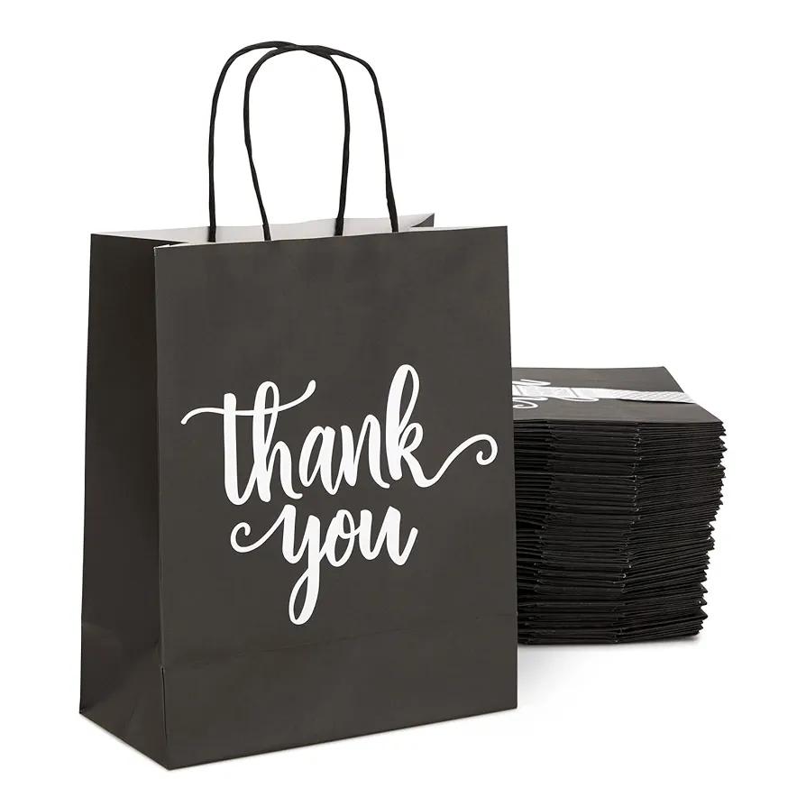 Sparkle and Bash 50 Pack Medium Black Thank You Paper Bags with Handles for Boutique, Small Business (10 x 8 x 4 In) - Black Thank You Bags