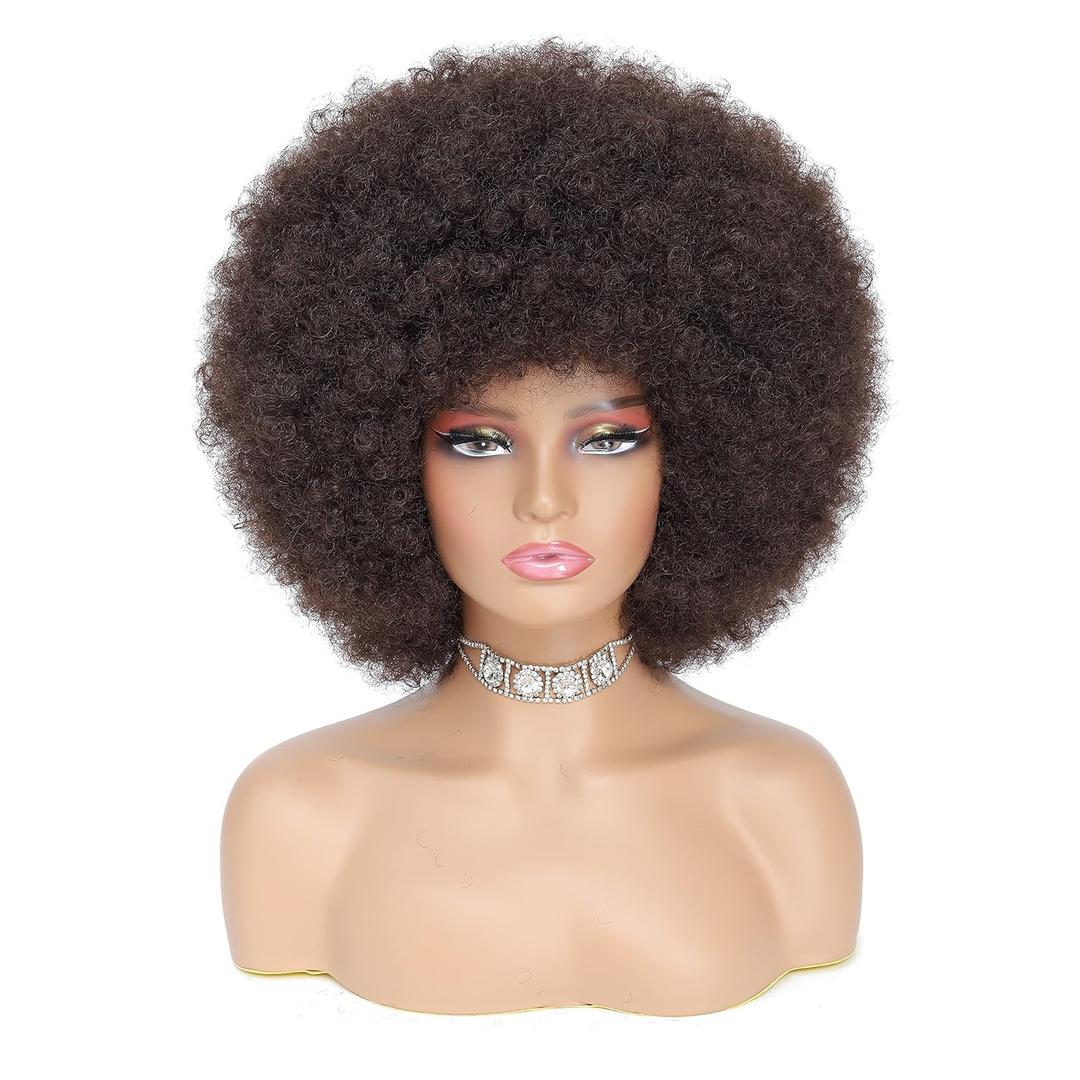 70s Afro Kinky Curly Wig For Women, Dark Brown, Synthetic Fibers, Soft, Bouncy, No Shedding, Adjustable Straps
