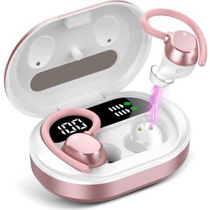 Ear buds Wireless Earbuds, HiFi Stereo Bluetooth 5.3 Running Headphones with Dual LED Display 30Hrs Playtime, Built-in Mic, Type-C, in-Ear Bluetooth Earphones with Earhooks for Sport, Rose Gold