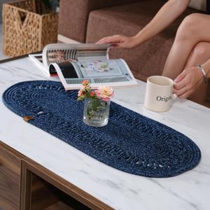 Oval Jute Table Runner | Woven Braided Dining Runner | Natural Textured Rattan Table Runner for Dining Table Coffee Table or Patio 11.8 x 27.5 (Blue)