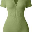 OQQ Women Rompers Ribbed Short Sleeve Zip Front Stretch Tummy Control Yoga Workout Rompers (Large)